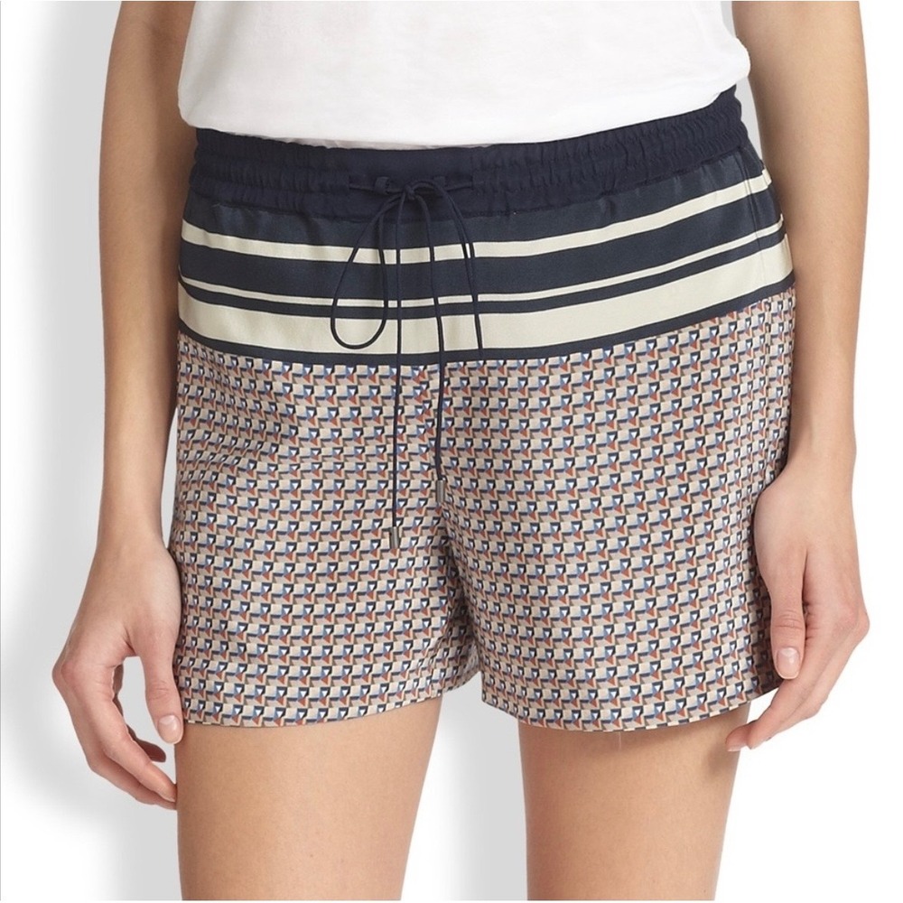 Vince 100% Silk Geometric Mosaic Border Striped Shorts Blue Multi Size Large